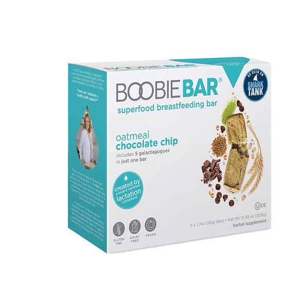 Boobie Bar Superfood Lactation Bar, Oatmeal Chocolate Chip, [1.7 Ounce Bars, 6 Count] (Package May Vary)