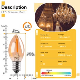 Genixgreen Nightlight Light Bulb, Amber LED C7 Bulb, 4W 5W 6W 7W Equivalent, E12 Candelabra Base Salt Lamp and Led Night Light Replacement Bulb 0.5W Amber Yellowish 2200K 50LM Pack of 6