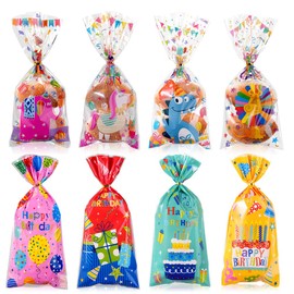 phoorapace Birthday Cellophane Treat Bags, 100 Pcs Colorful Candy Bag Goodie Bags with Twist Ties for Birthday Party Favor Supplies