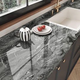 STICKEEP Black Silver Contact Paper Marble 17.71"x315" Shiny Marble Wallpaper Peel and Stick Countertops Waterproof Black Marble Contact Paper for Cabinets Desk Top Easy to Clean Glossy Vinyl Wrap