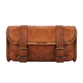 The clásico Stuff - Bolsa de piel para manubrio café para motocicleta, bolsa de herramientas de bicicleta, bolsa de accesorios de viaje de piel (café bronceado)