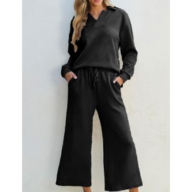 Zontroldy Women's 2 Piece Sets Fall Outfits Pollever Sweatshirt Wide Leg Pants Matching Set Tracksuit(1283-Black-S)