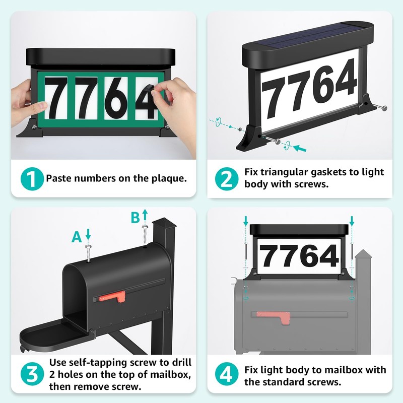 ASOMST Solar Address Sign, 3-Color Lighting Modes Mailbox Number Plaque