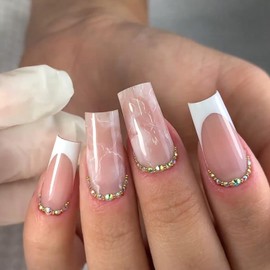 24Pcs Nude French Press on Nails Square Medium Glossy Full Cover Acrylic Coffin False Nails with Rhinestone Designs Artificial Natural Fake Nails with Glue Stick on Nails for Women Girls