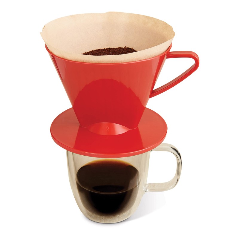 Fino Pour-Over Coffee Brewing Filter Cone, Number 2-Size, Red, Brews