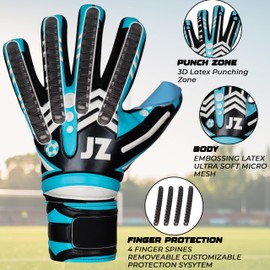 Jazzy Sports Professional Soccer Goalie Gloves for Youth Adult,Goalkeeper Gloves with Removable Finger Protect,Breathable,Strong Grip,6MM Latex Palm,Double Wrist Support (Cyan, 6)
