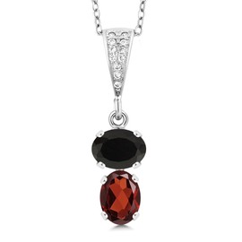 Gem Stone King 925 Sterling Silver Black Onyx and Red Garnet Pendant Necklace For Women (2.72 Cttw, Gemstone December Birthstone, Oval 8x6MM, with 18 Inch Chain)