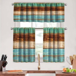 MCALK Teal and Brown Kitchen Curtains Tiers and Valances Set 3 Piece for Windows Farmhouse Kitchen Window Curtains Set,Wooden Texture Valances for Living Room(36" Tiers Set)