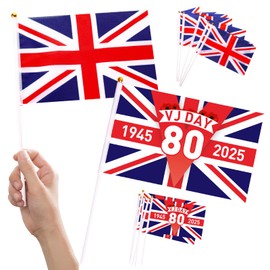 10pcs VJ DAY Flags on Sticks for 80th Anniversary Decorations, 14x21cm Hand Held VJ DAY Small Flag Mini Union Jack Flags for WW2 80 Years Victory In Japan 1945-2025 Decoration