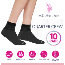 U.S. Polo Assn. 10 Pair Women's QUARTER Length Casual Socks - Moisture Control Running & Breathable Socks - Shoe Size 4-10, BLK 7656