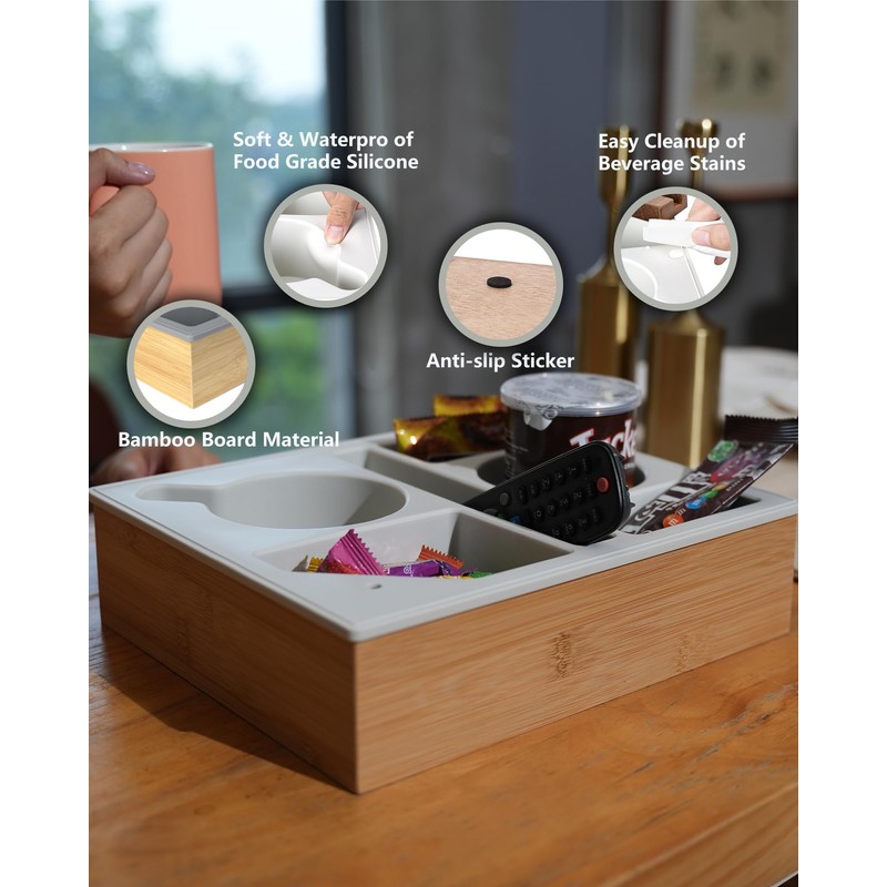 Hitseon Couch Cup Holder Tray, Handy Silicone Bamboo Couch Caddy