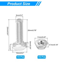 PATIKIL M5x20 Hammer Head Bolt T Screw, 10 Pcs T Slot Drop in Bolt Hammer Head Bolts with 10 Pcs Hexagon Flange Nuts for 2020 Series European Standard Aluminum Profile