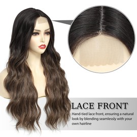 Yamel Long Wig Balayage Synthetic Natural Hair Wig Highlight Brown mix Blonde 26 Inch Adjustable Curly Wavy Middle Part Lace Front Wigs for Women