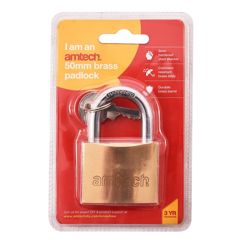 Amtech T1300C 50mm Solid Brass Padlock, Small Padlock with Keys