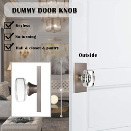 HIEMEY Crystal Glass Dummy Door Knob Interior, Brushed Satin Nickel Dummy Door Knob for Closet Hall Rectangular Single Side Non-Turning Inactive, 2 Pack