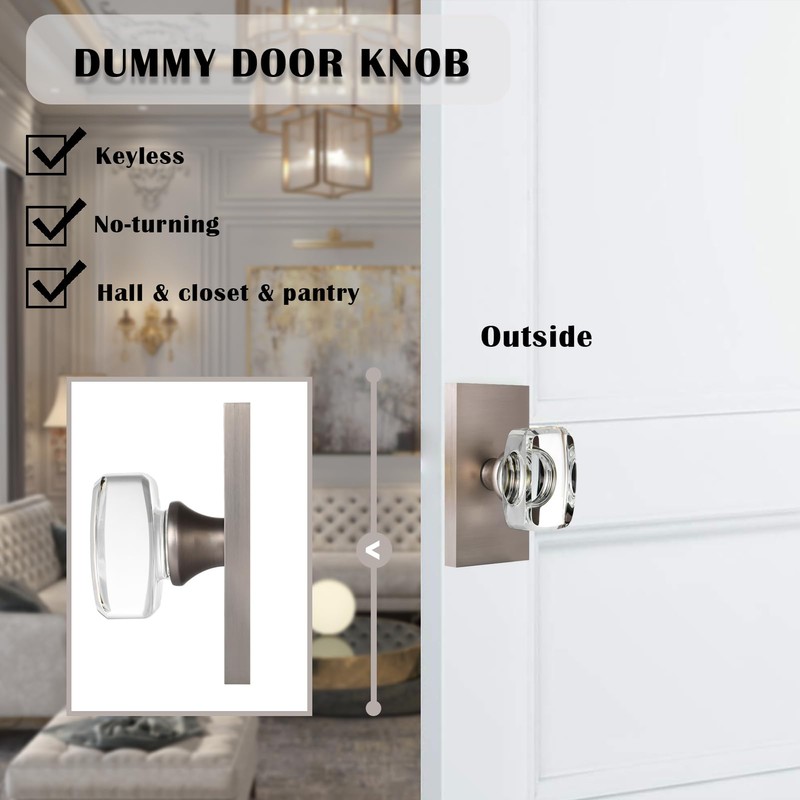 HIEMEY Crystal Glass Dummy Door Knob Interior, Brushed Satin Nickel