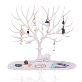 KASESSS Jewellery Tree Stand, Necklace Holder Fawn Base, White Jewellery Stand, Necklace Display Stand with Pallet, Necklace Tree for Home, Hanging Display Stand for Ring Earrings, Necklace, Bracelet