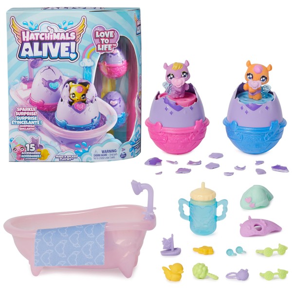 Hatchimals Alive Splashing Fun Set - Bath with Two Magical, Self-Hatching Eggs and 15 Accessories, for Children from 4 Years