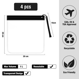 4 Pcs Clear Travel Toiletries Bag Airport Security Liquids Bags Waterproof Leakproof 20 x 20 cm with Portable Handle 1L Makeup Bags Holiday Essentials Luggage Black