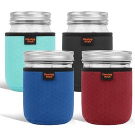 Desing Wish 16 oz Regular/Wide Mouth Mason Jar Neoprene Sleeve, 16oz Non-slip Cozy Insulated Glass Jars Protector Holder Sleeves 3.0 x 3.7 Inches - 4 Pack (Black/Red/Blue/Cyan)