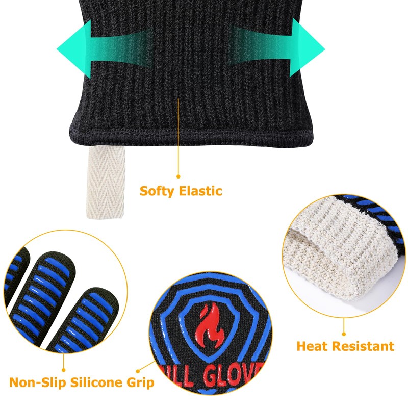 QUWIN BBQ Gloves, Oven Gloves 1472℉ Extreme Heat Resistant, Grilling