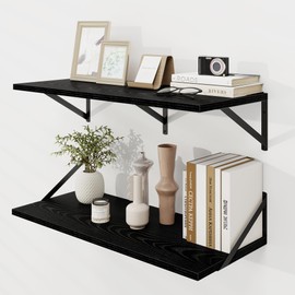 Deep Floating Shelves for Wall, Black Wood Wall Mounted Shelves, Large Floating Shelf 12 * 30 inch Set of 2 for Bookshelf Living Room Bedroom Home Office Bathroom