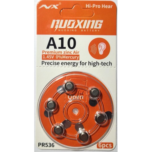 NUOXING SIZE A10 ZINC AIR HEARING AID BAT 1.45V (6