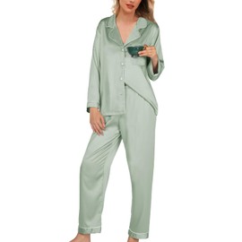 Womens Satin Pajamas Set 2Pcs Silk Pajama Long Sets XS-3XL Silky Long Pj Sets Sleepwear Stripes Pjs Loungewear