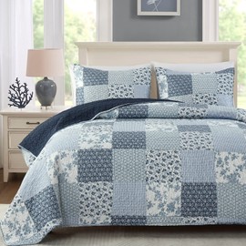 Boryard 3-Piece King Quilt Set, Lightweight Soft Full Size Quilt Patchwork Bedspread Coverlet (104x90 inches) Bedding Set with 2 Pillow Shams, Navy Blue Plaid Print