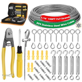 1/16" Metal Curtain Wire Hanging System, 100ft 7×7 Strands 304 Stainless Steel Vinyl Coated Tension Cable, Turnbuckles for Guy Wire Kit, Clothesline, Plant Climbing Long Rope, Outdoor String Lights