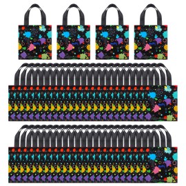 Abeillo 50 Pcs Glow in the Dark Party Gift Bags, Black Non-Woven Fabric Party Bags with Neon Doodle Design, Reusable Goodie Bag with Handles for neon parties favors