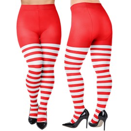 Eurzom Plus Size Christmas Striped Tights for Women Christmas Costume Adult Footed Leggings Red White Green(Red and White Stripe)