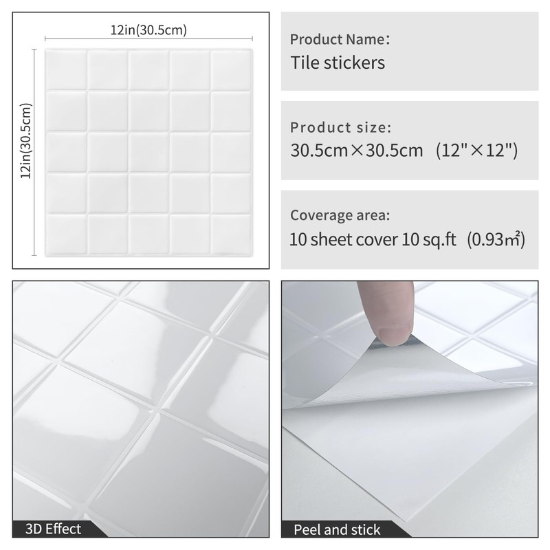 DEWOO Square White Peel and Stick Backsplash Tiles Self Adhesive