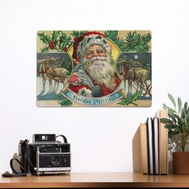 Lantern Press 12x18 Inch Metal Sign, Holiday Greetings, Santa and Reindeer, Vintage Postcard