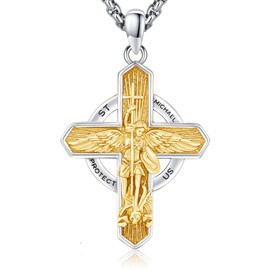 DRINSPER St Michael Pendant For Men Women 925 Sterling Silver Archangel Michael Necklace Patron Saint Cross Medals Amulet Religious Protection Jewelry Gifts for Graduate Christmas, st michael pendant,