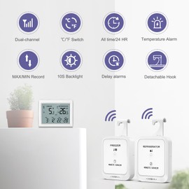 OQIMAX Kühlschrank-Thermometer, Gefrierschrank-Thermometer mit 2 Sensoren, MIN/MAX, ℃/℉, Alarmfunktion, Gefrierschrank-Alarm, Thermometer, angeschlossenes Thermometer für Haus, Küche, Bars