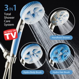 4-in-1 Aquassage by AquaCare - High Pressure 10-mode Shower Head, Hand Shower, Hydro Body Brush & Hair Brush in One! With Two Brackets, Extra-long 6 foot Stainless Steel Hose & Brush Head Holder