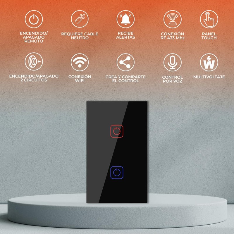 Tecnolite Connect - Apagador Inteligente Táctil WiFi 2 Circuitos, Requiere
