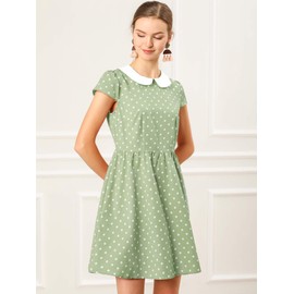 Allegra K Women's Peter Pan Collar Short Sleeves Contrast A-Line Polka Dots Dress Medium Green