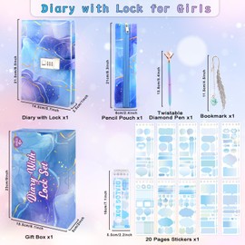 Diary with Lock for Girls Ages 8-12, Gifts for Girls 8 9 10 11 12 13 14 Year Old Journal with Lock, Secret Diary Notebook with Pencil Case Pen Stickers Bookmark Valentines Day Gifts for Teen Girls