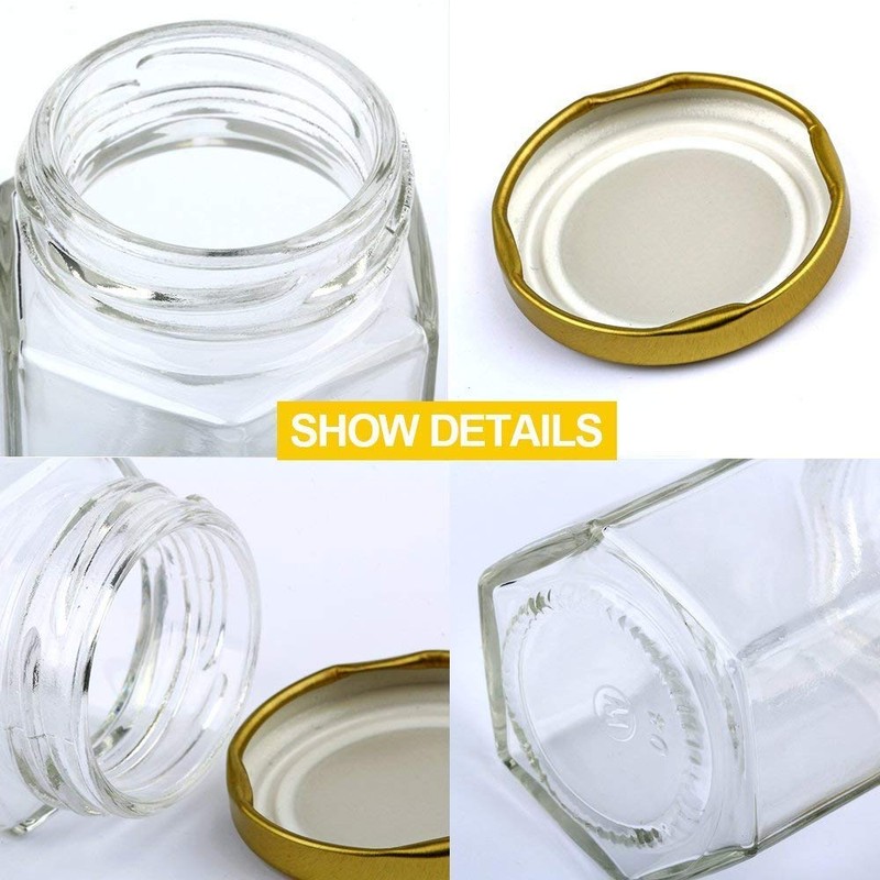 Encheng 6 oz Clear Hexagon Jars,Small Glass Jars With Lids(Golden),Mason