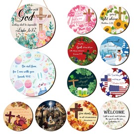 Geelin 12 Pcs Christian Seasonal Sign 12 Inch Easter Jesus He Is Risen Door Decoration Religious Cross Wood Wreath Spring Wall Hanging Art for 4th July Summer Outdoor Decor