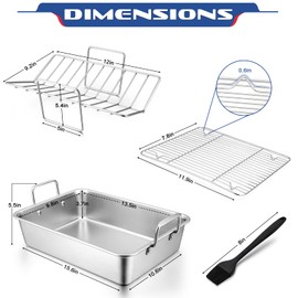 Stainless Steel Roasting Pan with Rack, HaSteeL 13.5In Lasagna Roaster Pan, Baking Rack, V-shaped Rack & 8In Basting Brush, Great for Turkey/Chicken/Veggies/Ham, Heavy Duty & Dishwasher Safe - 4Pcs