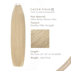 Lacerhair Tape in Human Hair Extensions Ash Blonde Highlights #60A Real Remy Human Hair 50 Grams 20Pcs Double Sided PU Adhesive Hair Extensions Tape in 14 Inch