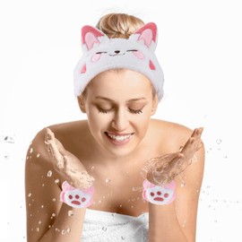 AOZUO Hairband Cosmetics for Make Up and Washing, Cute Cat Elastic Face Wrist Wash Band, Absorbent Make-Up Headband for Girls Women Yoga, Sports, Skin Care Cosmetic Shower