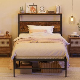 Weehom Twin Bed Frames with Headboard Shelf - Modern Twin Size Bed Frames with Wood Headboard, No Box Spring Needed Metal Platform Bed, Rustic Brown