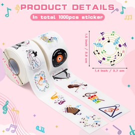 GROBRO7 Music Sticker Roll Set - 1000 Pieces Musical Note Stickers, 16 Styles Cartoon Shaped Reward Stickers Cute Scrapbook Laptop Guitar Decor for DIY Labels Crafts Gift Pack Wrap