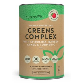 Super Greens Powder Complex - Natural Apple Flavour - Premium Superfood Powder Blend with Spirulina, Barley Grass and Turmeric - High Fibre, Vegan Friendly, and GMO Free - Made in The UK by Nutravita