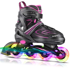 KAQINU Adjustable Inline Skates, Outdoor Inline Skates with Full Illuminating Wheels for Women, Kids, Girls and Boys (Pink, L)
