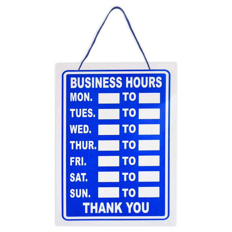Business Hours Sign Blue High Contrast Hanging Opening Closing Times